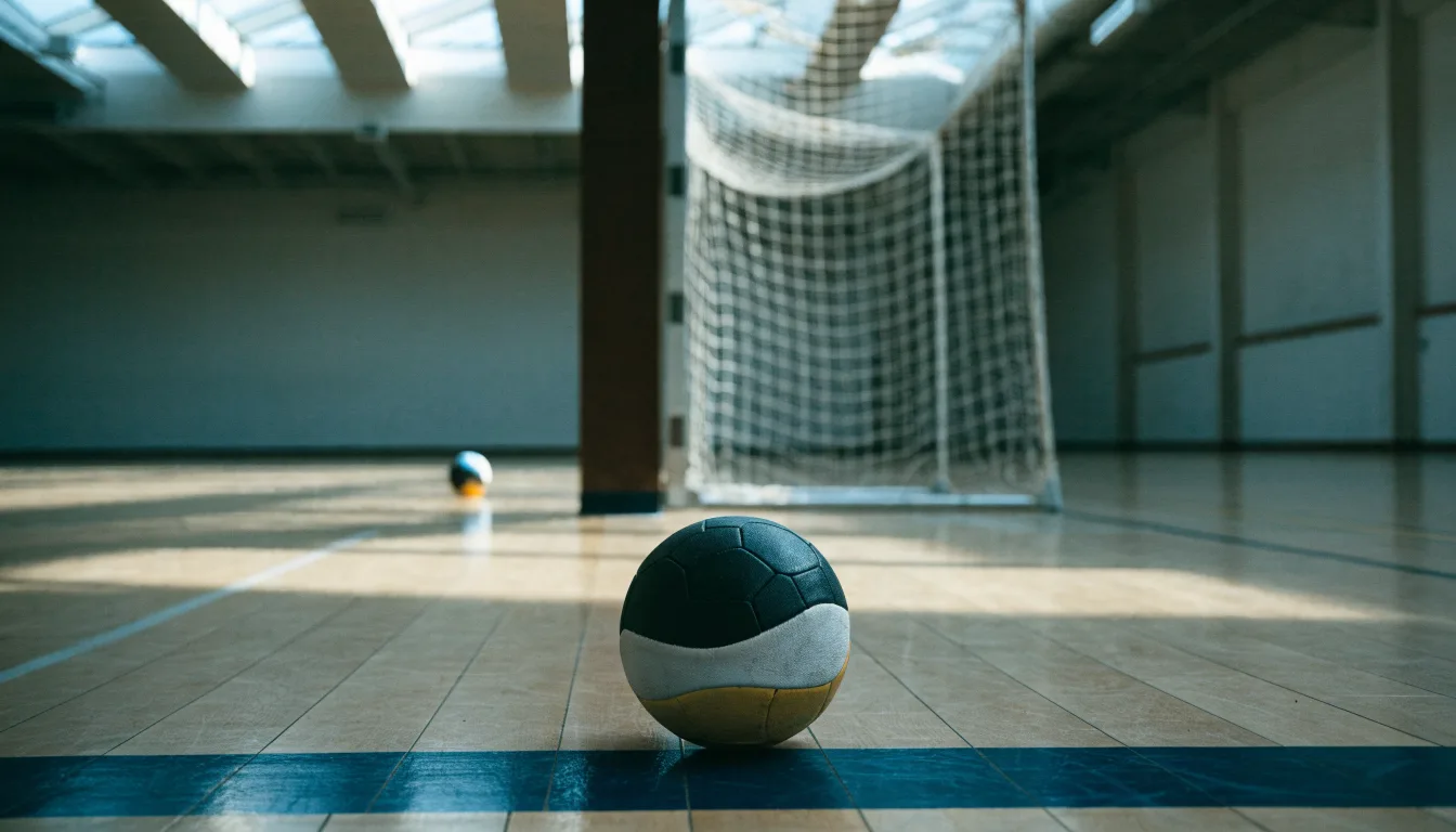 Ein Handball liegt am Rand des Torraums in einer leeren Sporthalle, Licht fällt durch Oberlichter auf den Hallenboden.