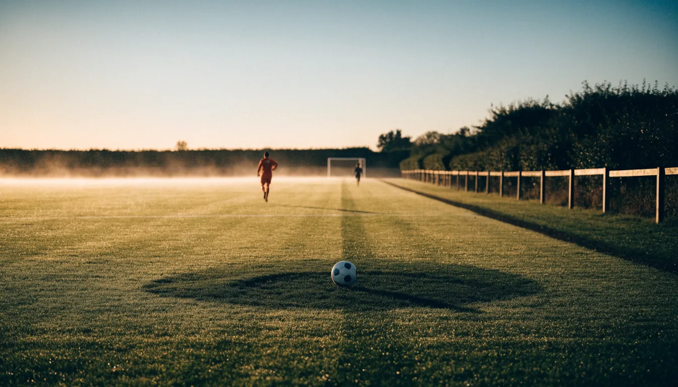Ein Rasenspielfeld bei Sonnenaufgang, die Mittellinie verläuft quer durchs Bild und Tau glitzert auf dem Gras.