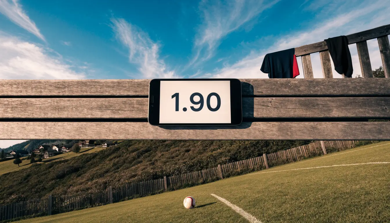 Ein Dorffussballplatz mit Holzzaun am Hang, dahinter grasen Kühe auf einer Weide unter hohen Wolken.