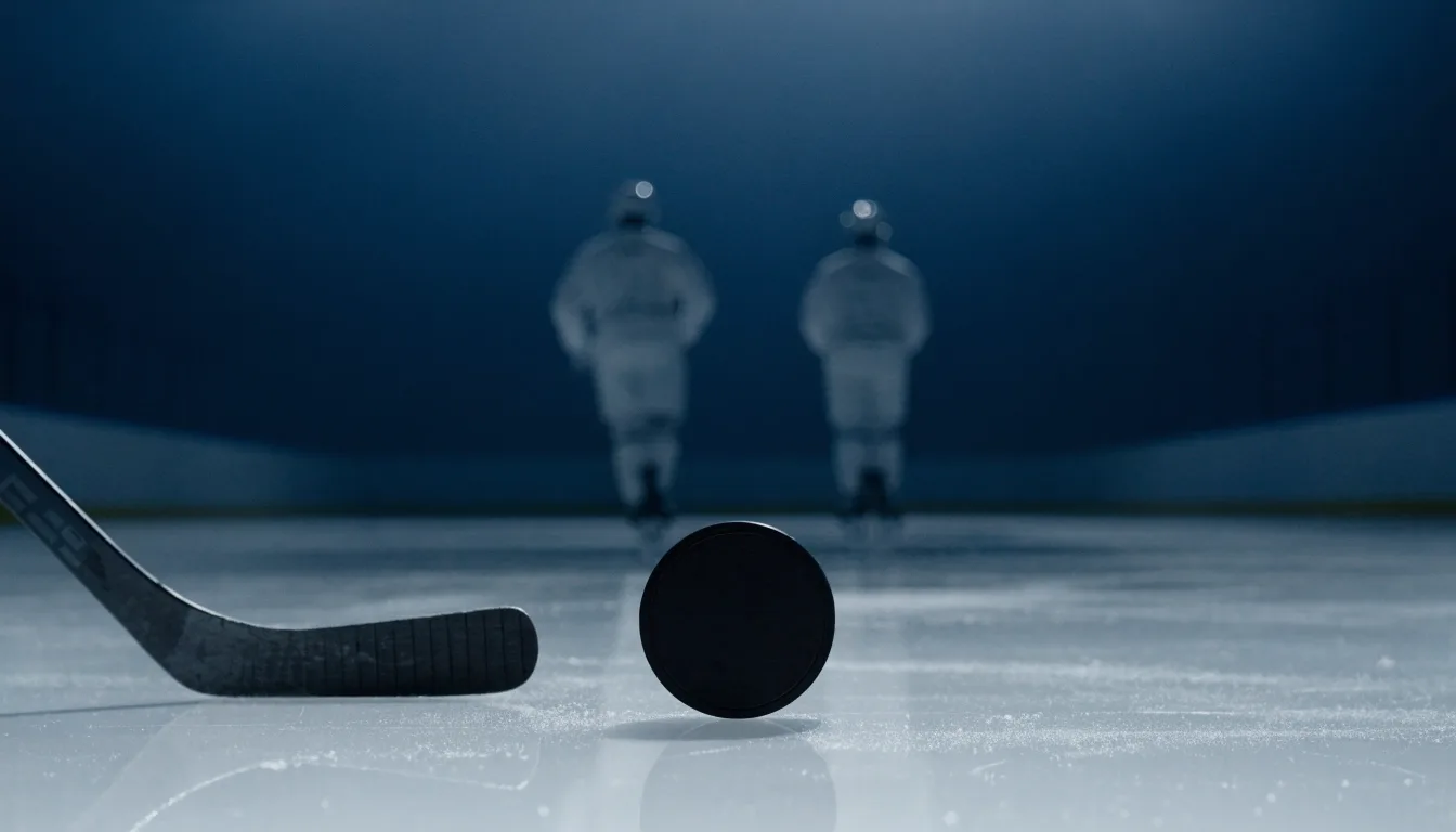Ein Eishockeypuck und ein Schläger liegen auf einer glänzenden Eisfläche, im Hintergrund verschwimmen leere Banden.