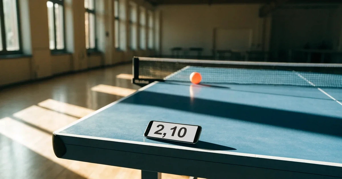 Eine Tischtennisplatte steht in einer leeren Sporthalle, ein einzelner Ball liegt am Netz und Tageslicht fällt von der Seite ein.