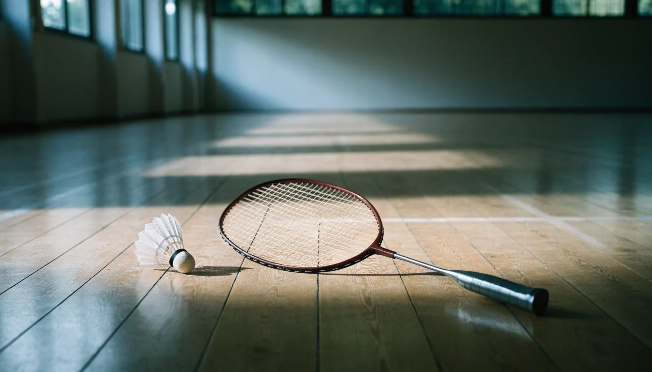 Ein Badmintonschläger liegt neben einem Federball auf dem hellen Hallenboden eines leeren Spielfelds.