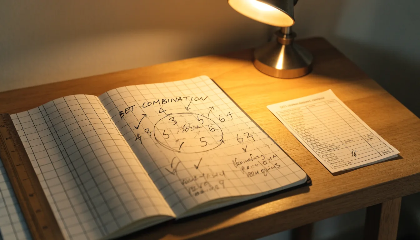 Eine Schreibtischlampe beleuchtet ein kariertes Heft mit handschriftlichen Skizzen, daneben liegt ein Lineal aus Holz.