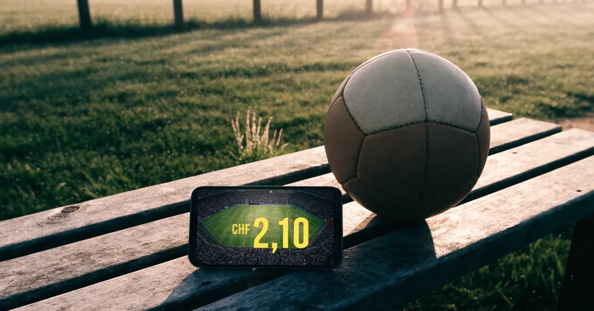 Ein Smartphone mit dunklem Bildschirm liegt neben einem Fussball auf einer Holzbank am Rand eines Trainingsplatzes im Morgenlicht.
