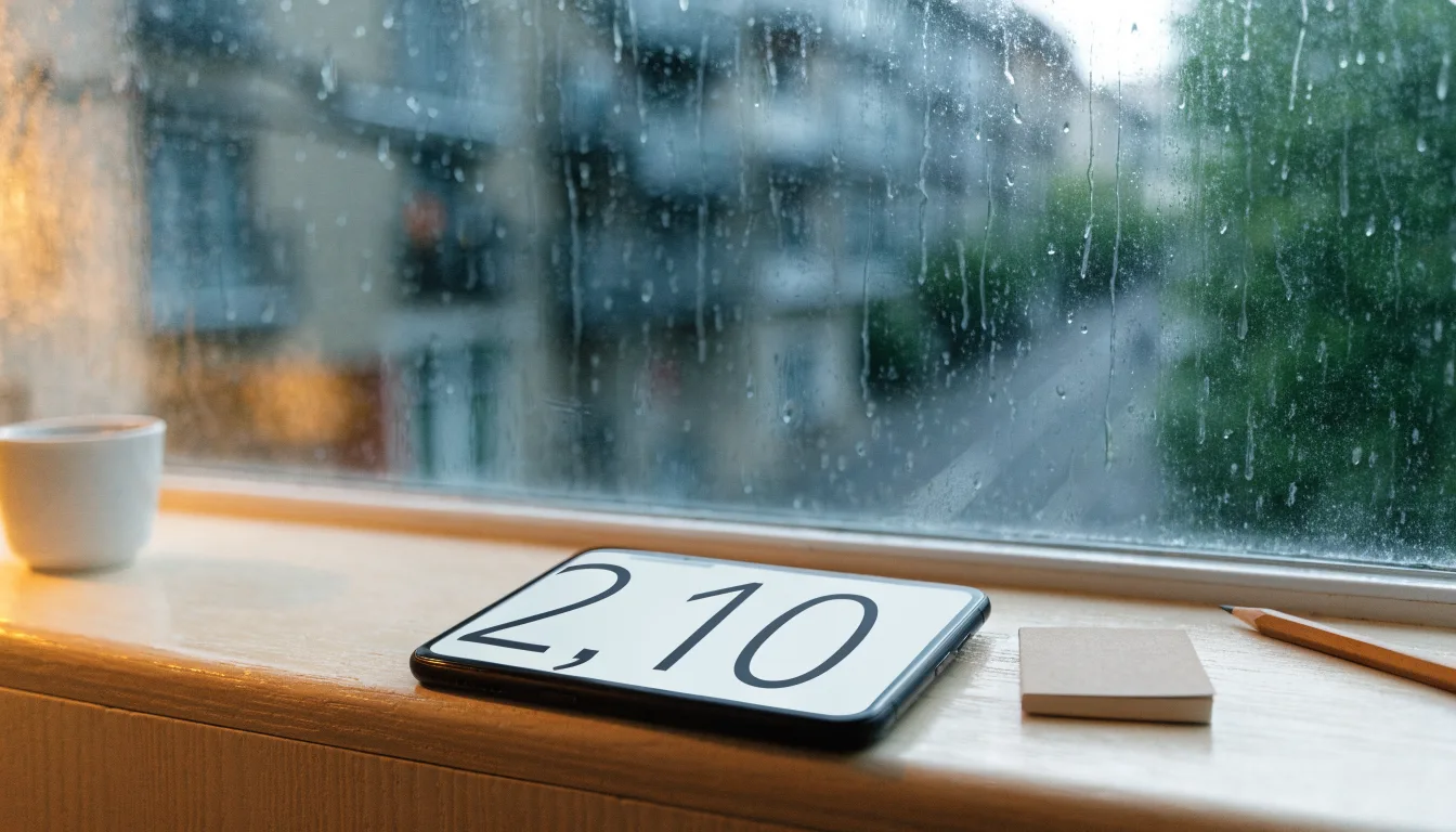 Ein Zeichenblock mit einem Bleistift und einem Radiergummi liegt auf einem Fensterbrett, draussen fällt Regen.