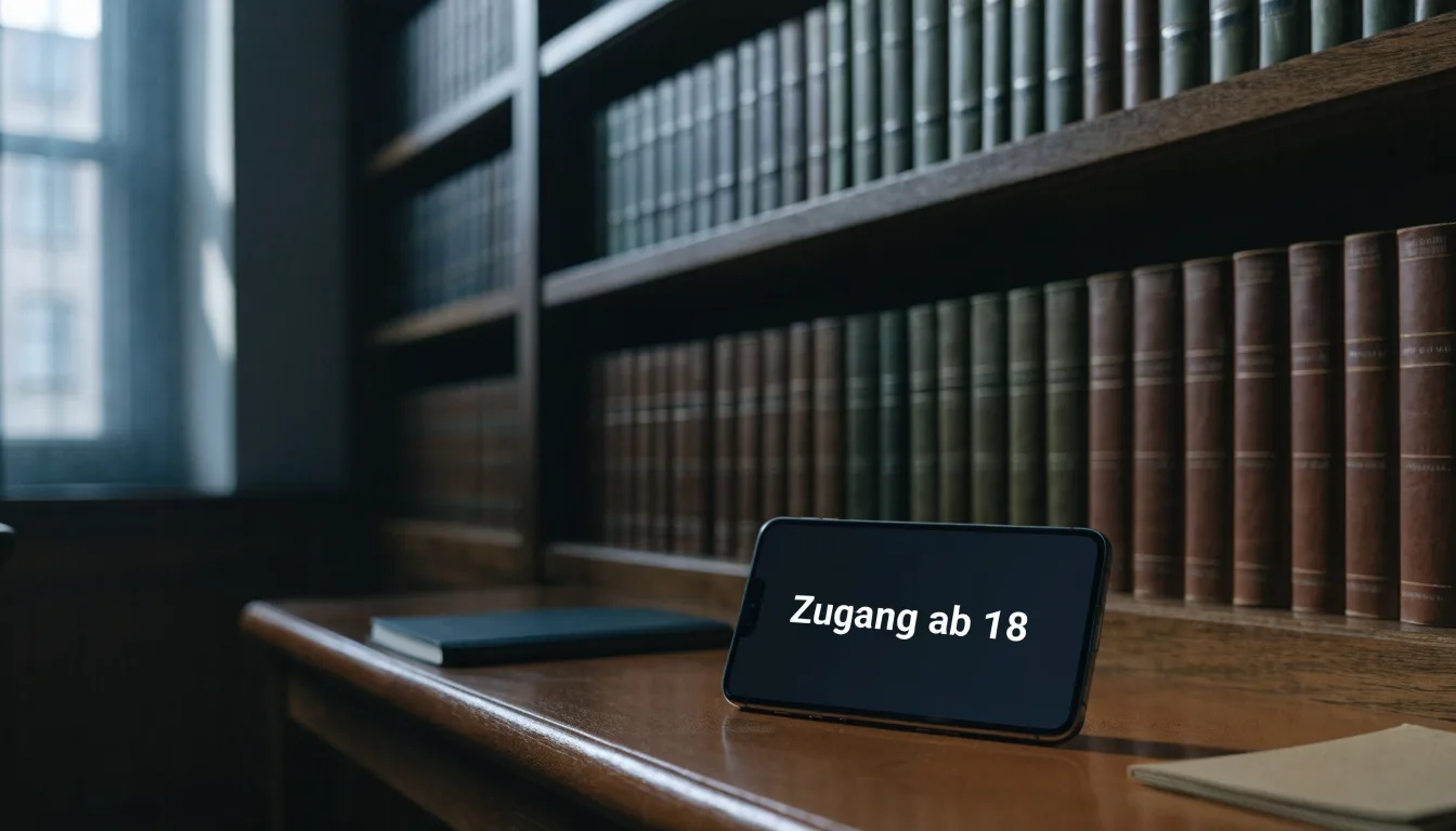 Ein Bücherregal mit ledergebundenen Bänden in dunklen Farben in einer stillen Bibliothek, davor ein Lesetisch.