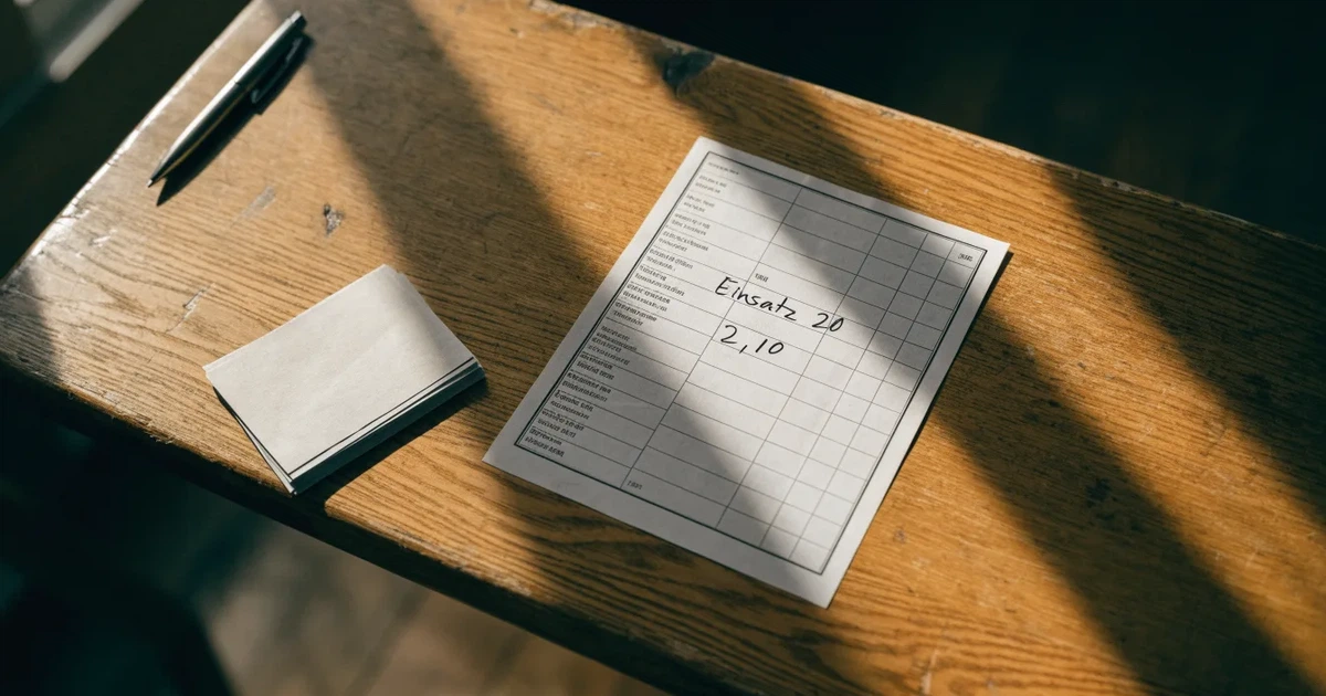 Ein Stapel unbedruckter Papierscheine liegt neben einem Kugelschreiber auf einem Holztisch.