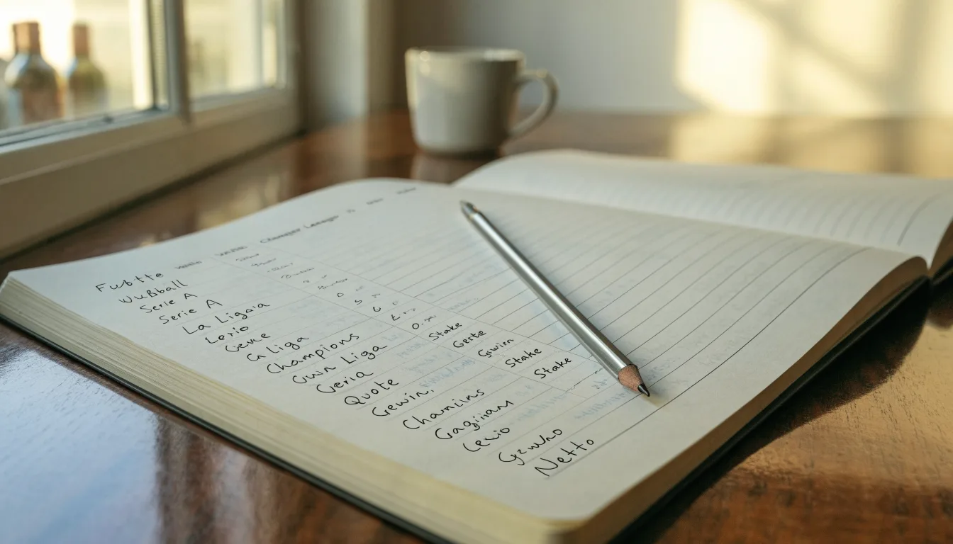 Ein aufgeschlagenes Notizbuch mit handschriftlichen Spalten und ein Bleistift liegen auf einem Holztisch neben einem Fenster.
