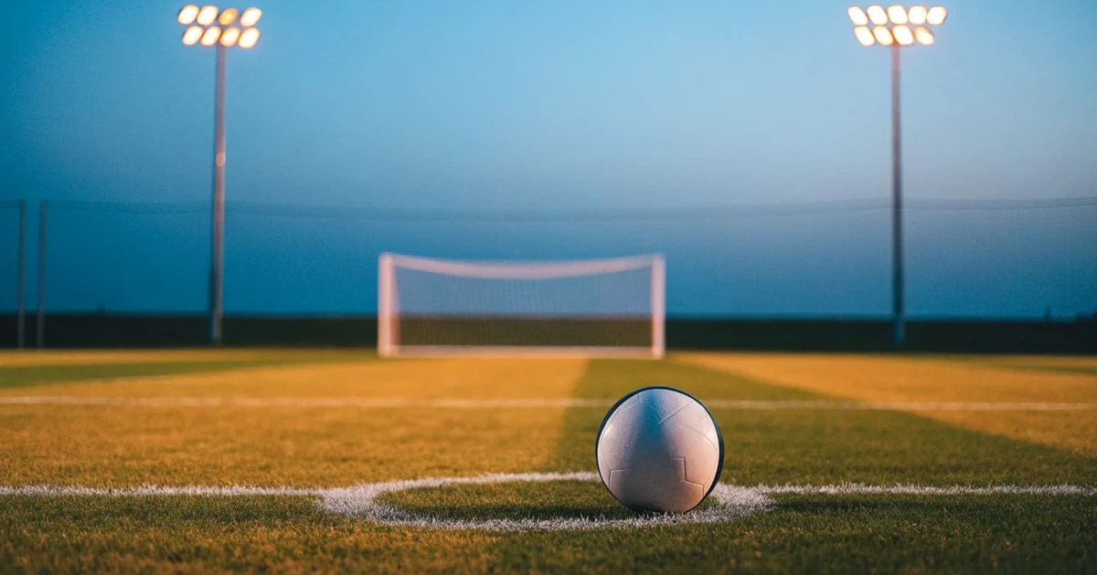 Ein Fussball liegt auf dem Anstosspunkt eines leeren Rasenplatzes, im Hintergrund glimmen Flutlichtmasten im Abendlicht.