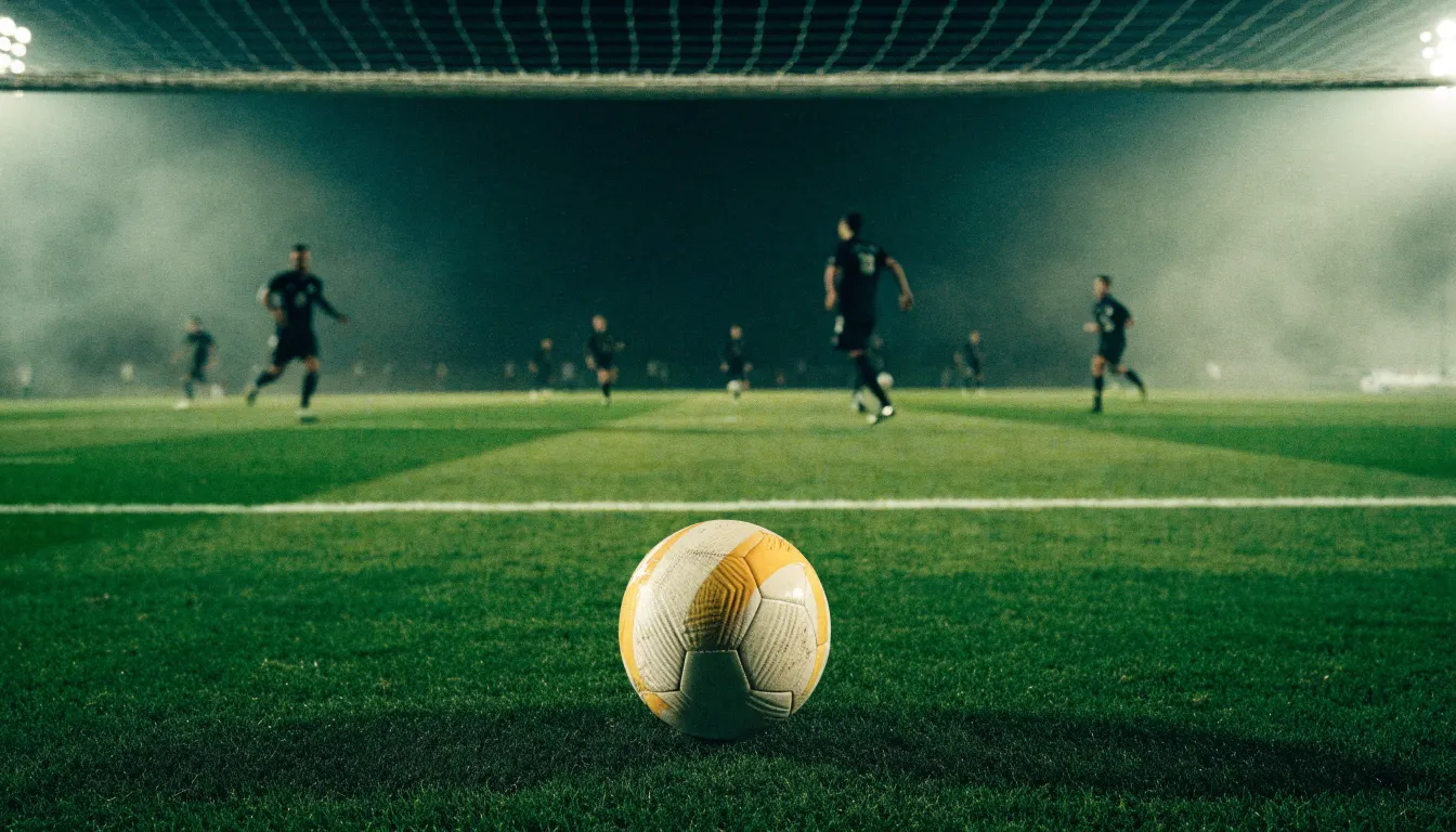 Ein Tennisplatz aus Sand liegt im Morgengrauen still da, Nebel hängt über der Grundlinie und dem aufgespannten Netz.