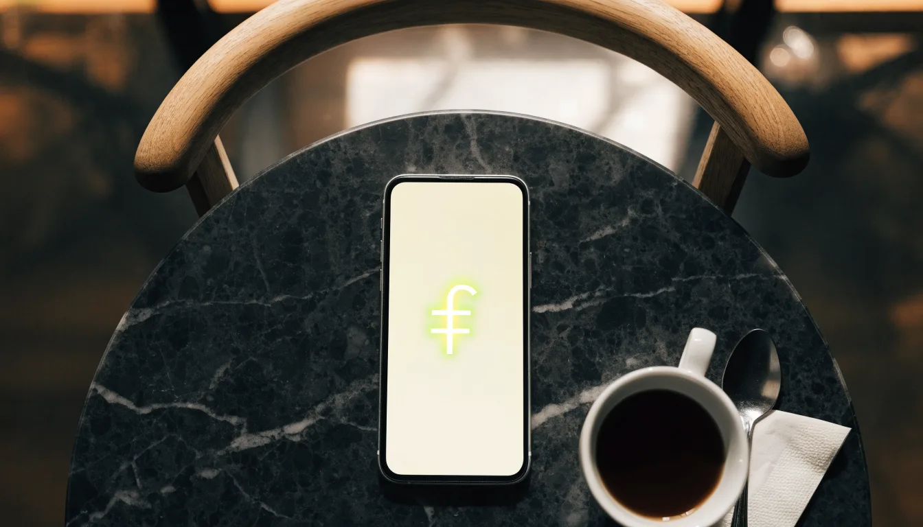 Ein Smartphone liegt mit der Rückseite nach oben auf einem Kaffeehaustisch neben einer Tasse und einem Löffel.