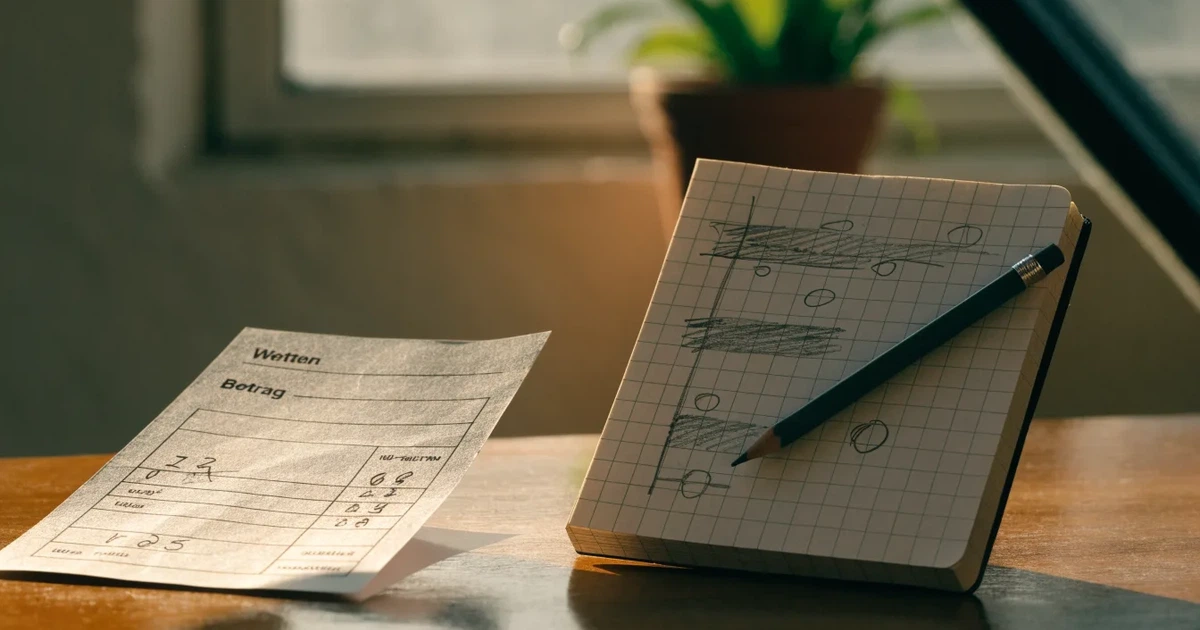 Ein Taschenrechner und ein Bleistift liegen auf kariertem Papier, auf dem nur handgezeichnete Striche und Kreise zu sehen sind.