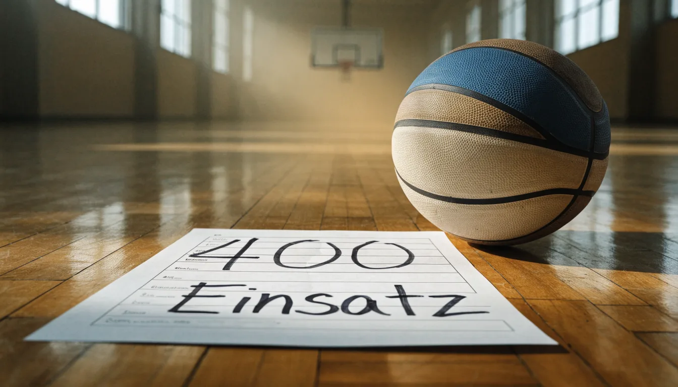 Ein Basketball ruht auf dem Parkett einer leeren Sporthalle, durch hohe Fenster fällt Tageslicht.