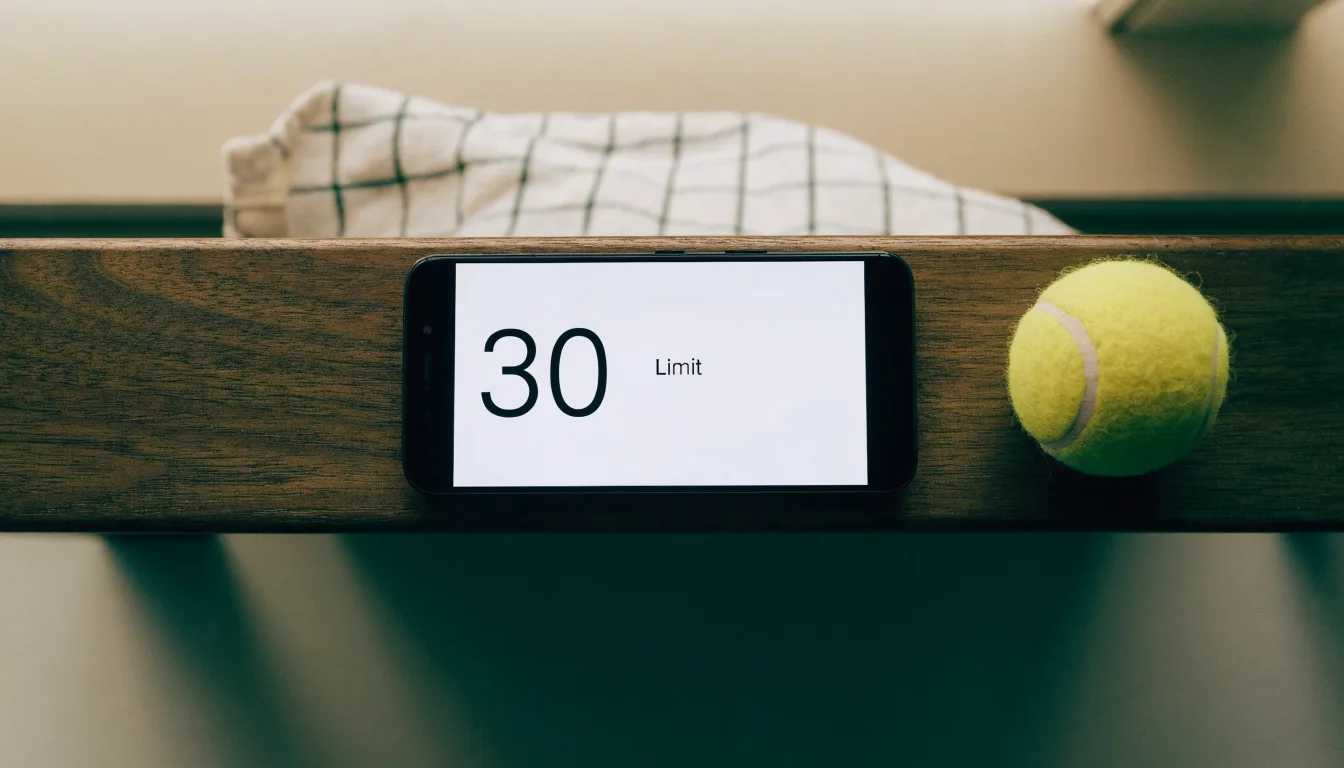 Ein Tennisball liegt auf rotem Sand neben einer verblassten Linie, das Licht ist weich.