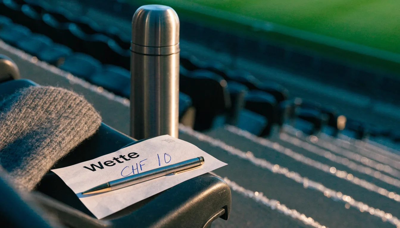 Ein grauer Wollschal und eine Thermoskanne liegen auf einem Sitz im winterlichen Stadion, Raureif liegt auf den Stufen.