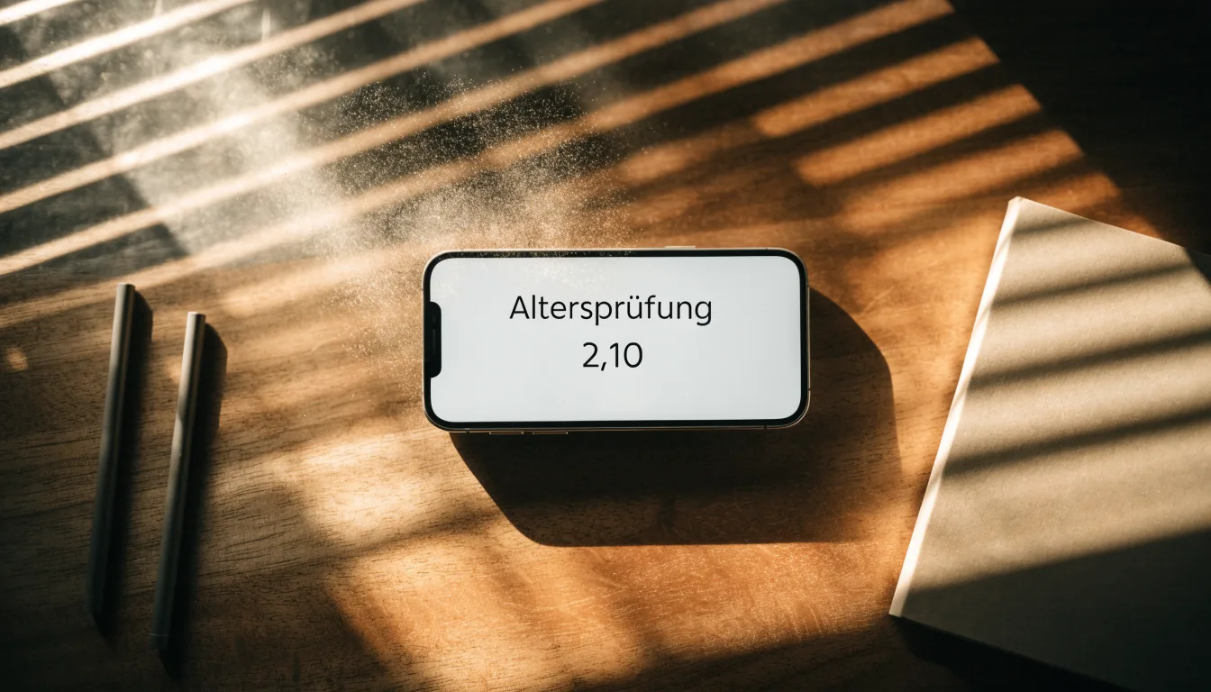 Streifen von Sonnenlicht fallen durch eine Jalousie auf einen Schreibtisch mit Stiften.